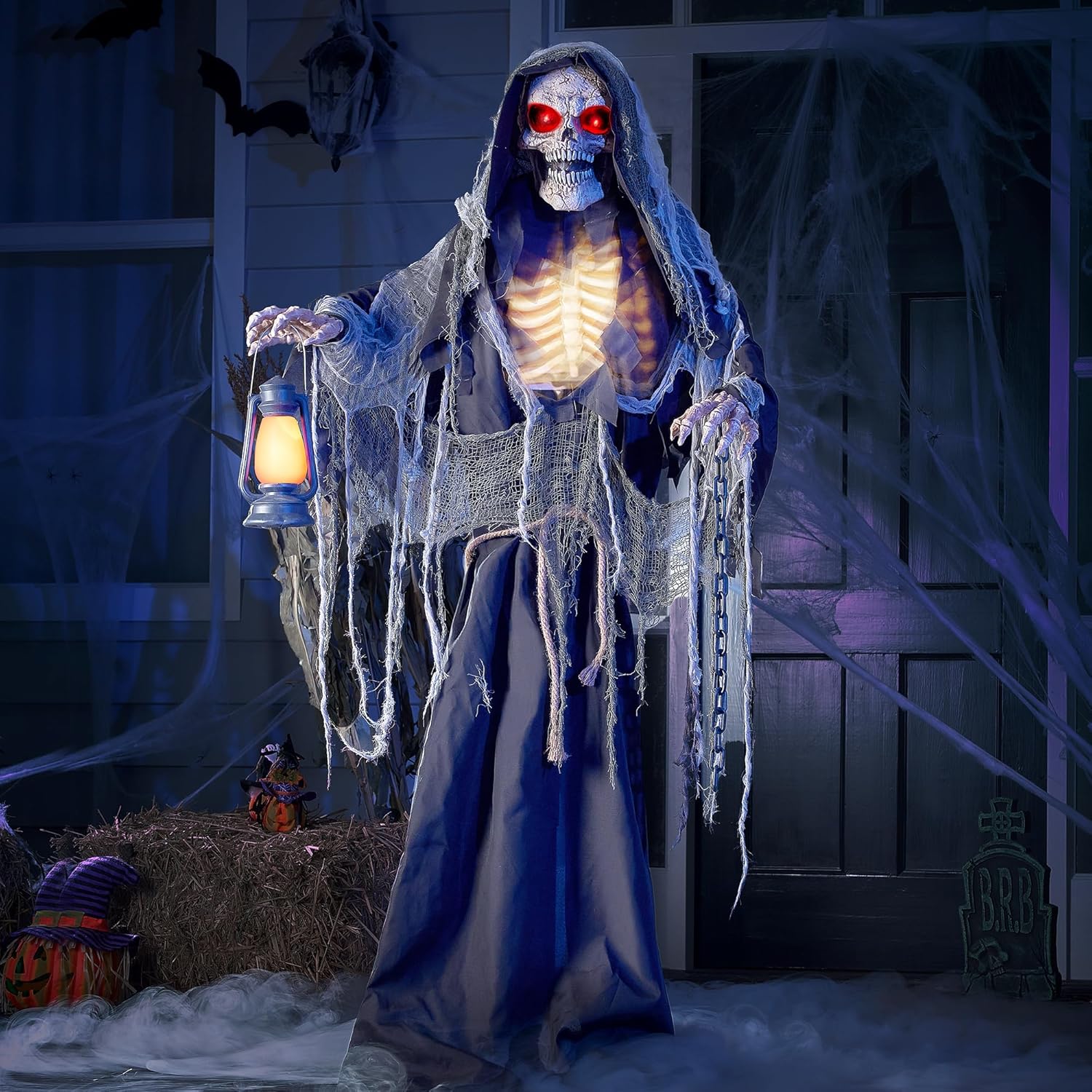 JOYIN 67" Halloween Animatronics Standing Grim Reaper Animated Decoration with Spooky and Light-Up Eyes/Creepy Sound/Moving Arms & Head (Sound Activated) for Halloween Decorations Outdoor Indoor