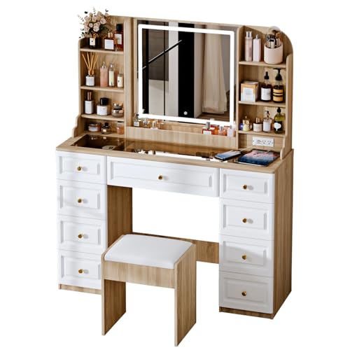 Makeup Vanity Desk with Mirror and Lights, Glass Top, 9 Drawers M5813