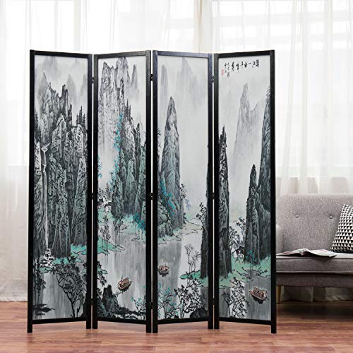4-Panel Folding Bamboo Room Divider with Cherry Blossom Scene B61114