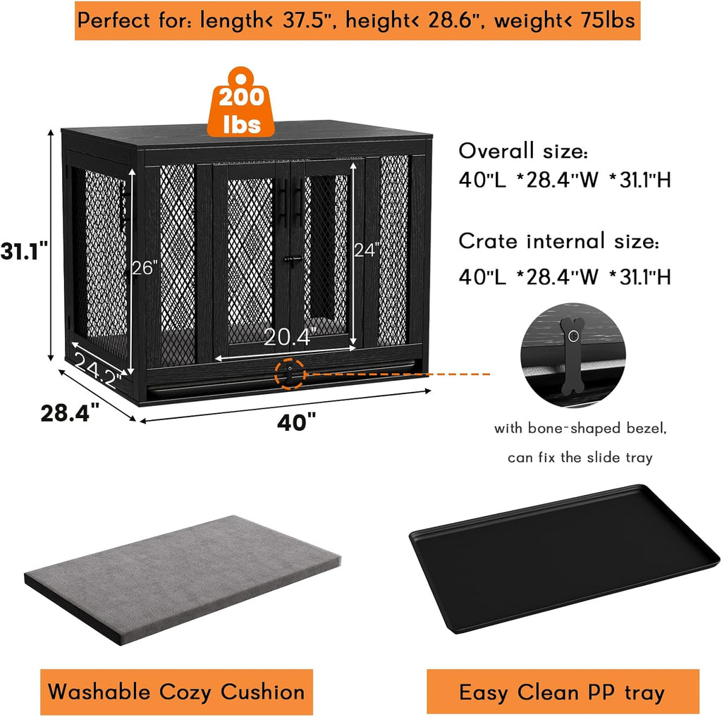 Wooden Dog Crate with Tray and Cushion, Double Doors Indoor Kennel for Small Medium Dogs T970