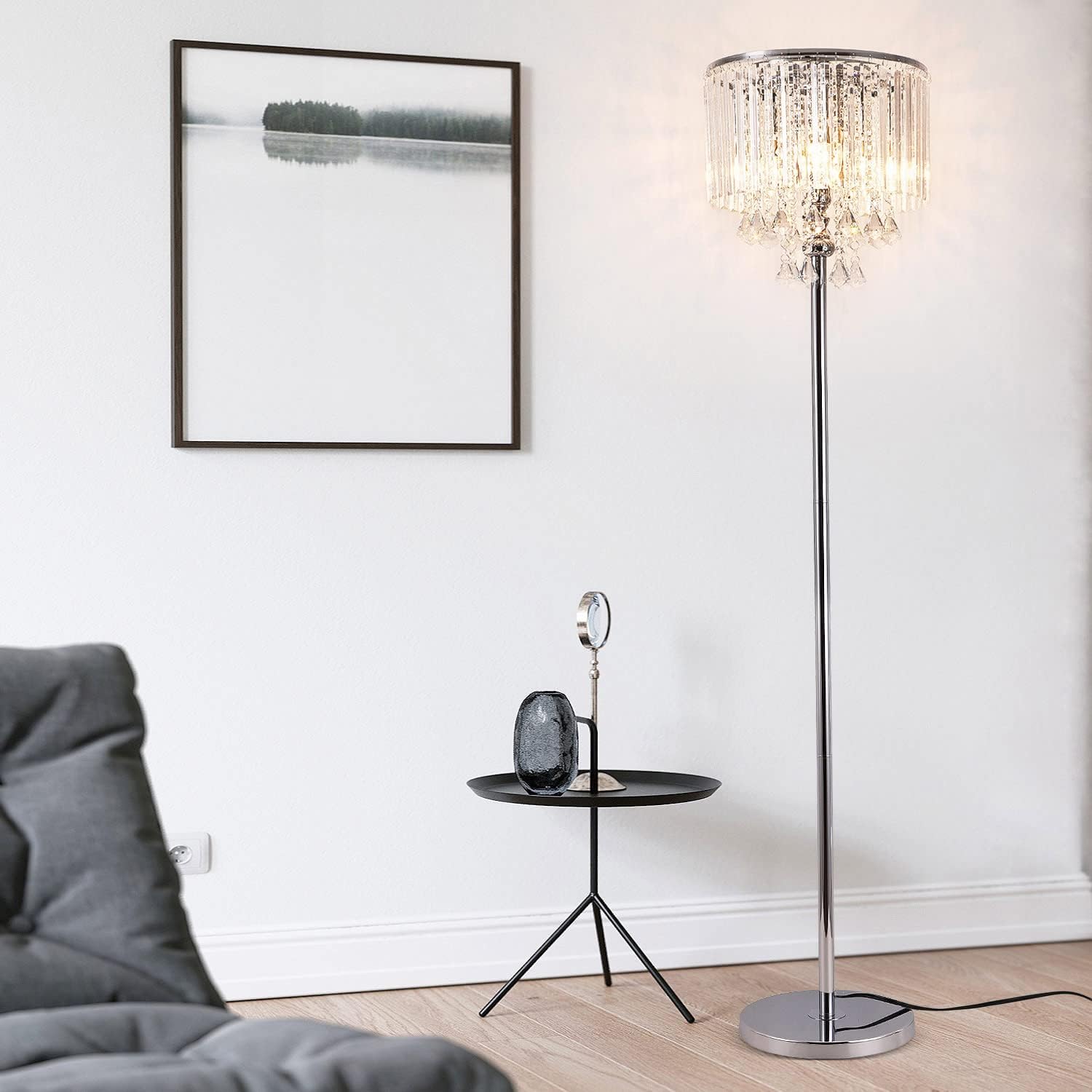 Crystal Floor Lamp with Foot Switch, 3-Light Standing Light for Living Room E9830