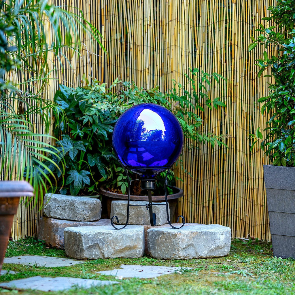 10" Blue Outdoor Glass Gazing Globe with Iron Stand for Gardens I8735