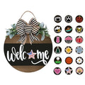 Interchangeable Wooden Seasonal Welcome Sign, Rustic Round Wreath for Front Door Porch Home/Wall/Porch Decor, for Easter Spring Summer Fall Halloween Christmas All Season Decorations (Black)