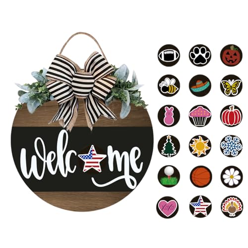 Interchangeable Wooden Seasonal Welcome Sign, Rustic Round Wreath for Front Door Porch Home/Wall/Porch Decor, for Easter Spring Summer Fall Halloween Christmas All Season Decorations (Black)