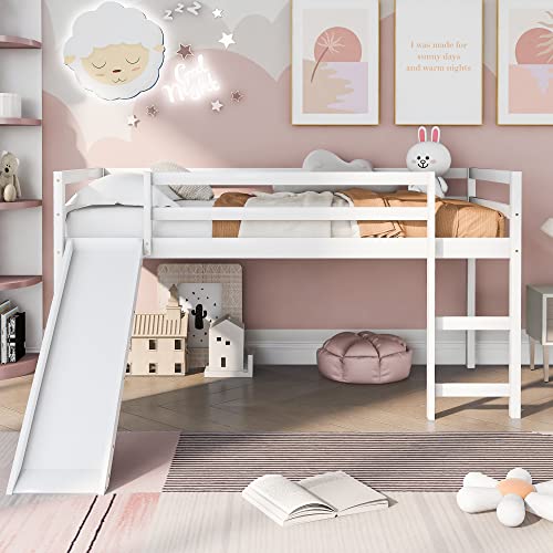 Wood House Loft Bed Frame with Slide and Storage Shelves Z806