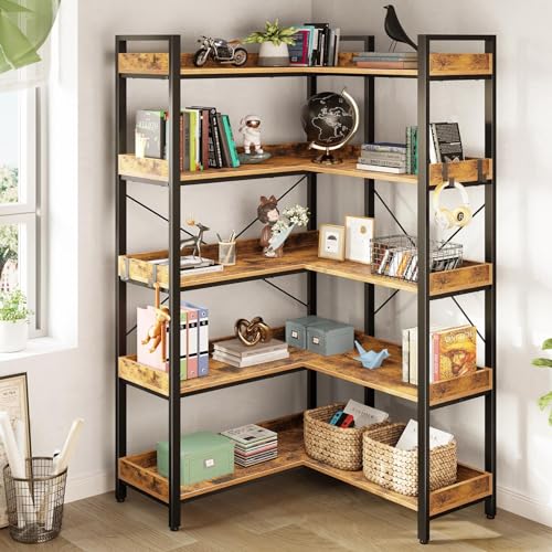 Corner Bookshelf 5-Tier with Hooks, Industrial Wooden Bookcase, Rustic Brown A796