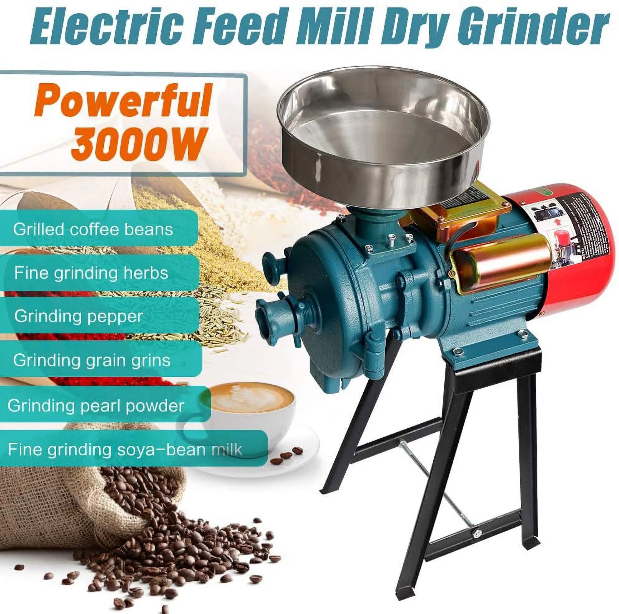 Electric Grain Mill, 3000W Flour Mill for Corn, Wheat, Rice and Coffee D115089