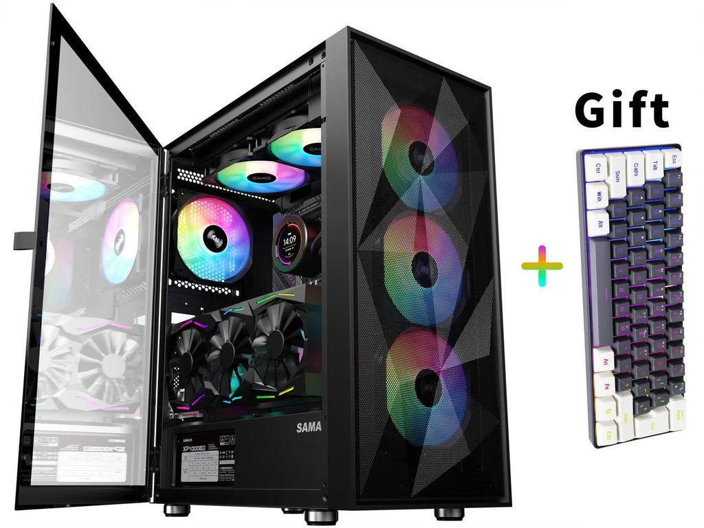 SAMA 3509 ATX Mid Tower Gaming Computer Case Tempered Glass  w/ 4 x ARGB LED Fans +Keyboard  (3 x120mm x Front l, 1 x120mm x Rear) Black