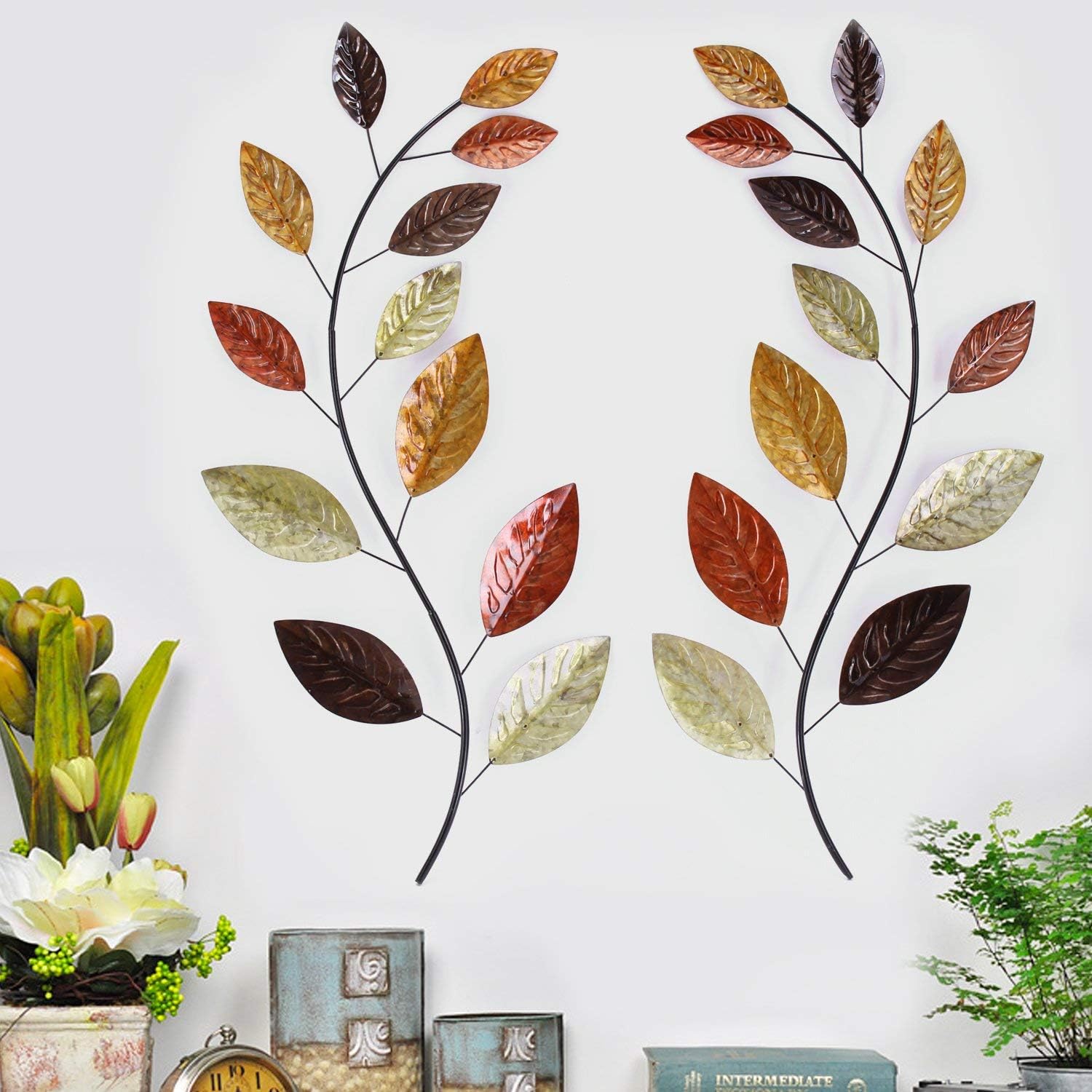 Set of 2 Metal Tree Leaf Wall Art Decor, 38 Inch Iron Olive Branch Home Sculptures D496