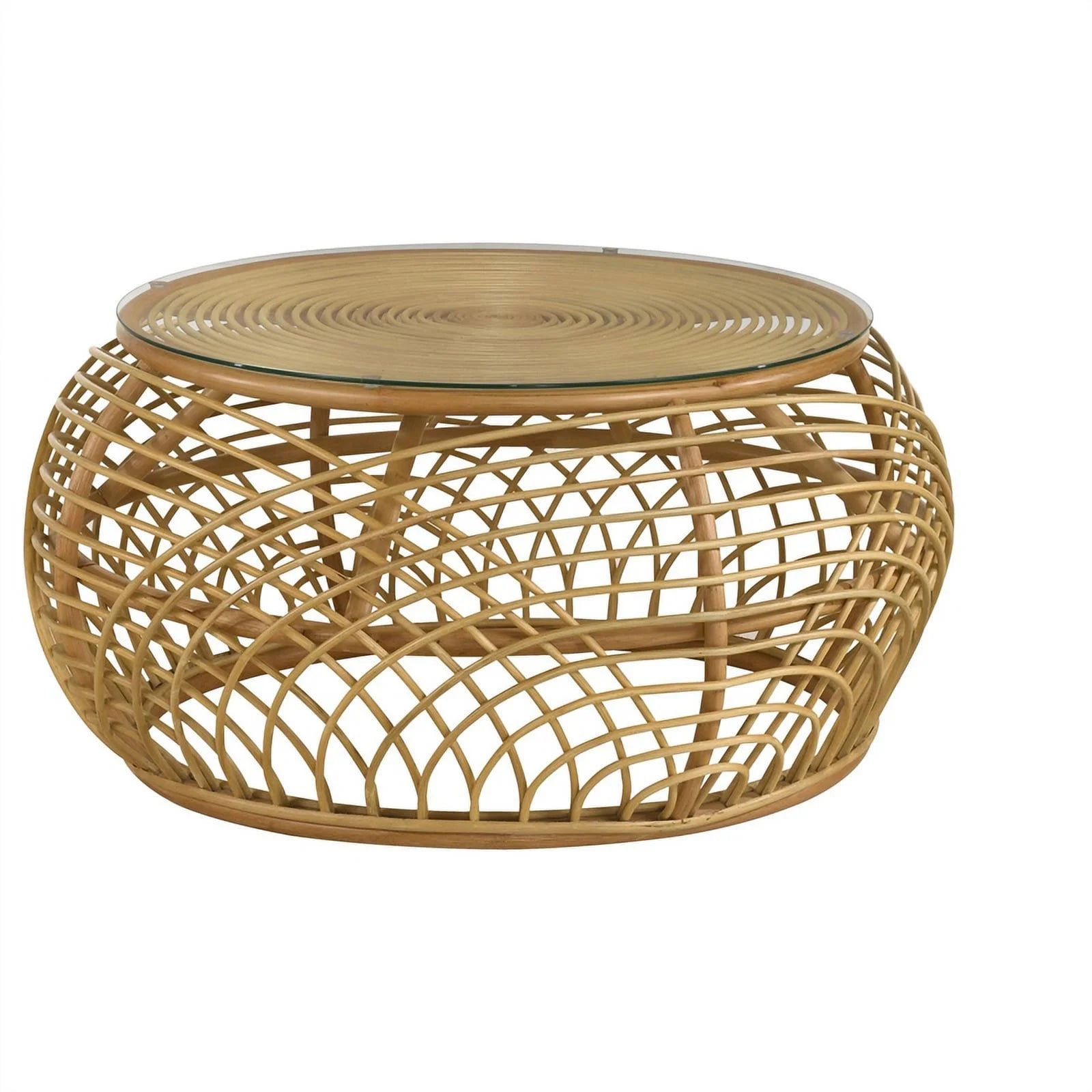 Round Glass Top Woven Rattan Coffee Table N1393