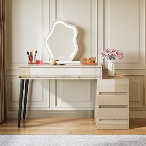Gloss Desk with 5 Drawers, Modern Home Office Desk with Storage and Printer Stand W15196