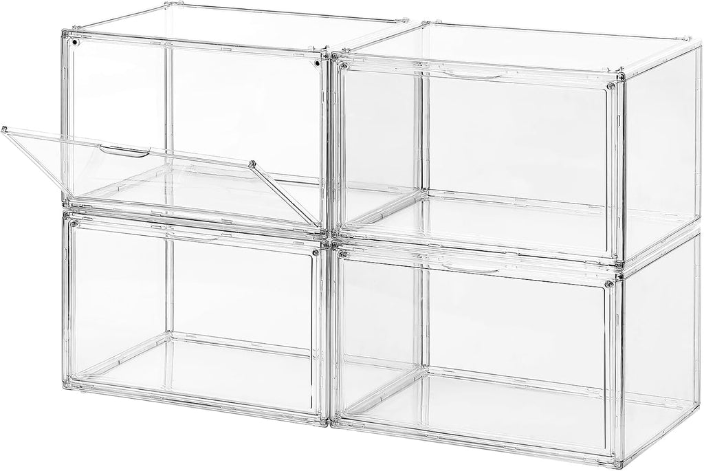 Upgraded XX-Large Clear Shoe Storage Box Stackable 4-Pack, Fit Size 14 Men, Thick Sturdy Shoe Organizer for Closet, Large Sneaker Storage Container Shoe Lego Display Case Plastic Storage Bins