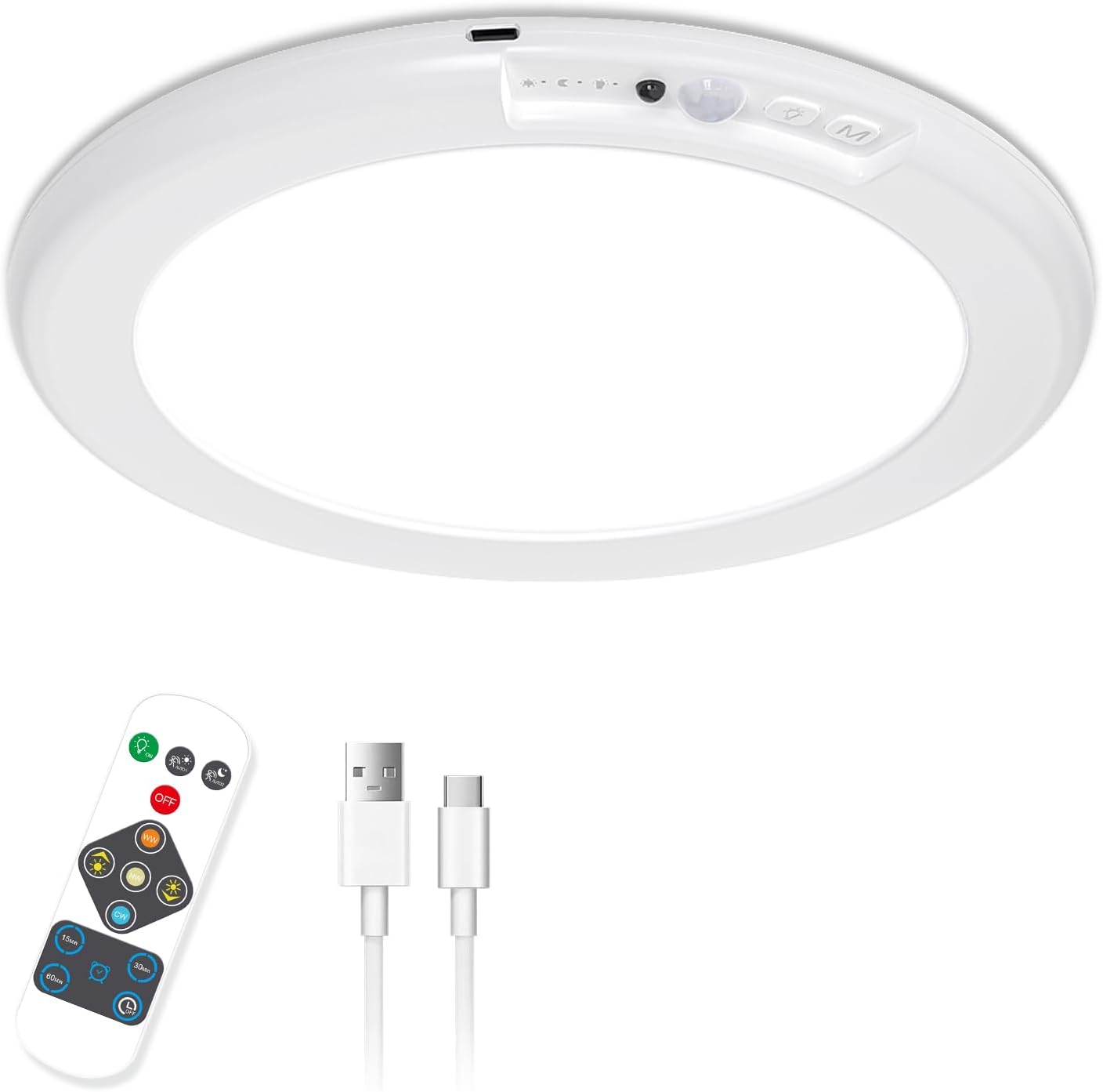 Motion Sensor Rechargeable Ceiling Light, 7.5 Inch 6500K Battery Powered Ceiling Light with Remote 3 Colors Dimmable, Motion Sensor Ceiling Light Wired for Closet Stair Shed Shower Room, White