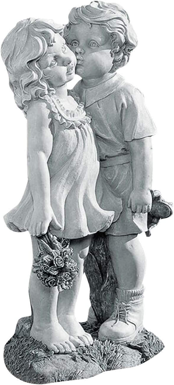 Garden Statues Home Decoration Shatterproof Ornament Set Statue Stone Girl Garden Boy Decor Effect Outdoor Kissing Bench Ornament Kids Decoration & Hangs Outdoor Gnomes with Statue (Grey One Size)