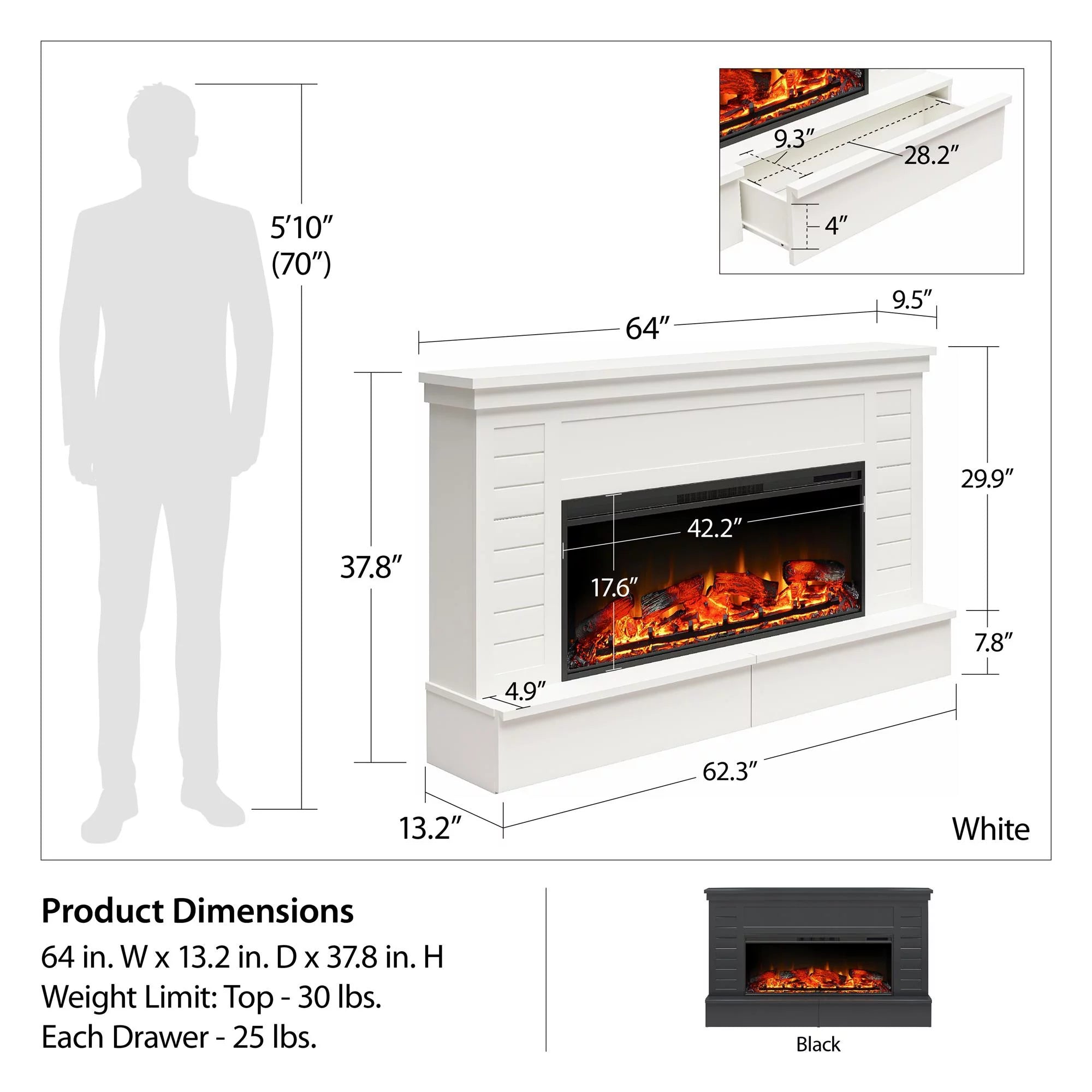 White Shiplap Mantel with Electric Fireplace and Storage Drawers J37651