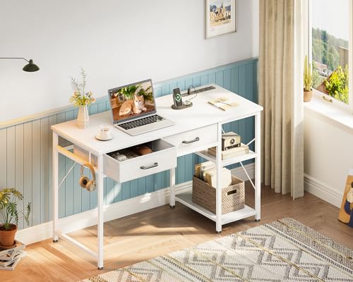 Small Computer Desk with Drawers & Power Outlet for Bedroom, Home Office M131