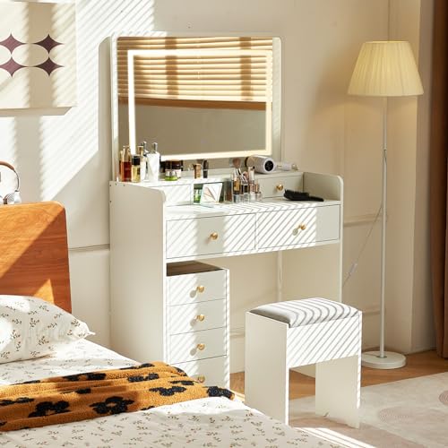 Vanity Desk with Mirror and Lights, Makeup Table with Drawers and Stool B20199