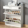 Slim Entryway Organizer with 2 Flip Drawers, Tempered Glass Top Shoe Storage Cabinet with Drawer, Free Standing Shoe Rack with LED Light for Hallway (white)