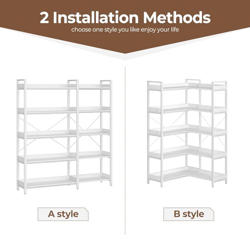 Corner Bookshelf 5-Tier with Hooks, Industrial Wooden Bookcase, Rustic Brown A796