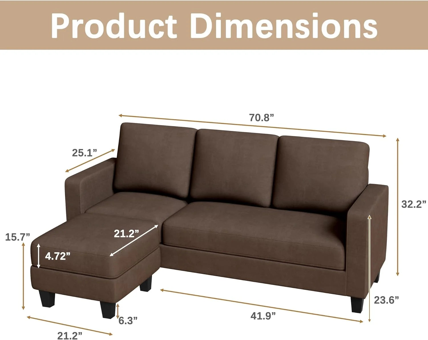 L Shaped 3-Seat Sectional Sofa with Ottoman for Small Spaces, Brown J979264