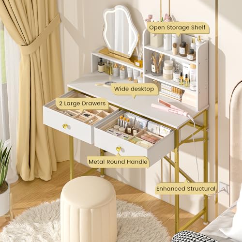 White Vanity Desk with 2 Drawers and Open Shelves B163