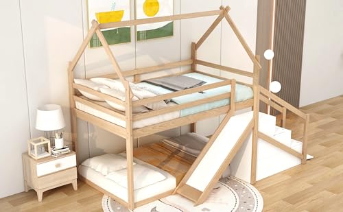 Wood House Loft Bed Frame with Slide and Storage Shelves Z806