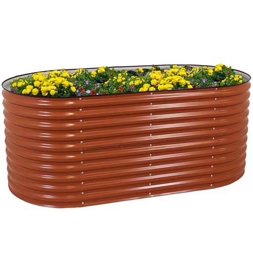 Oval Raised Garden Bed - Stackable Steel Planter Kit with Rubber Edge Trim - Brown I830813