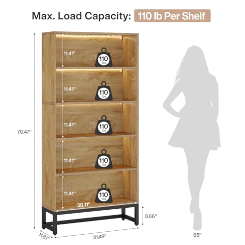 Tall Bookcase with LED Lights, 5-Tier Storage Shelves T8450