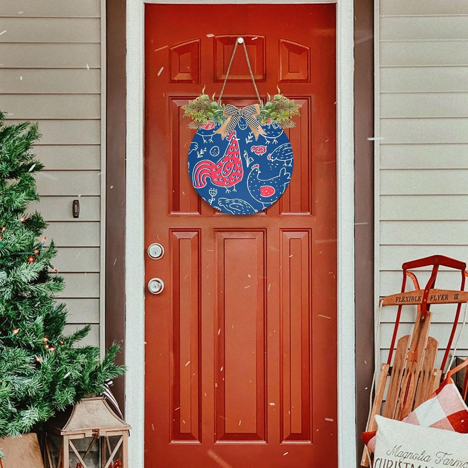 Chicken Rooster Door Wreath for Front Door, Round Hanging Home Decor Q59487