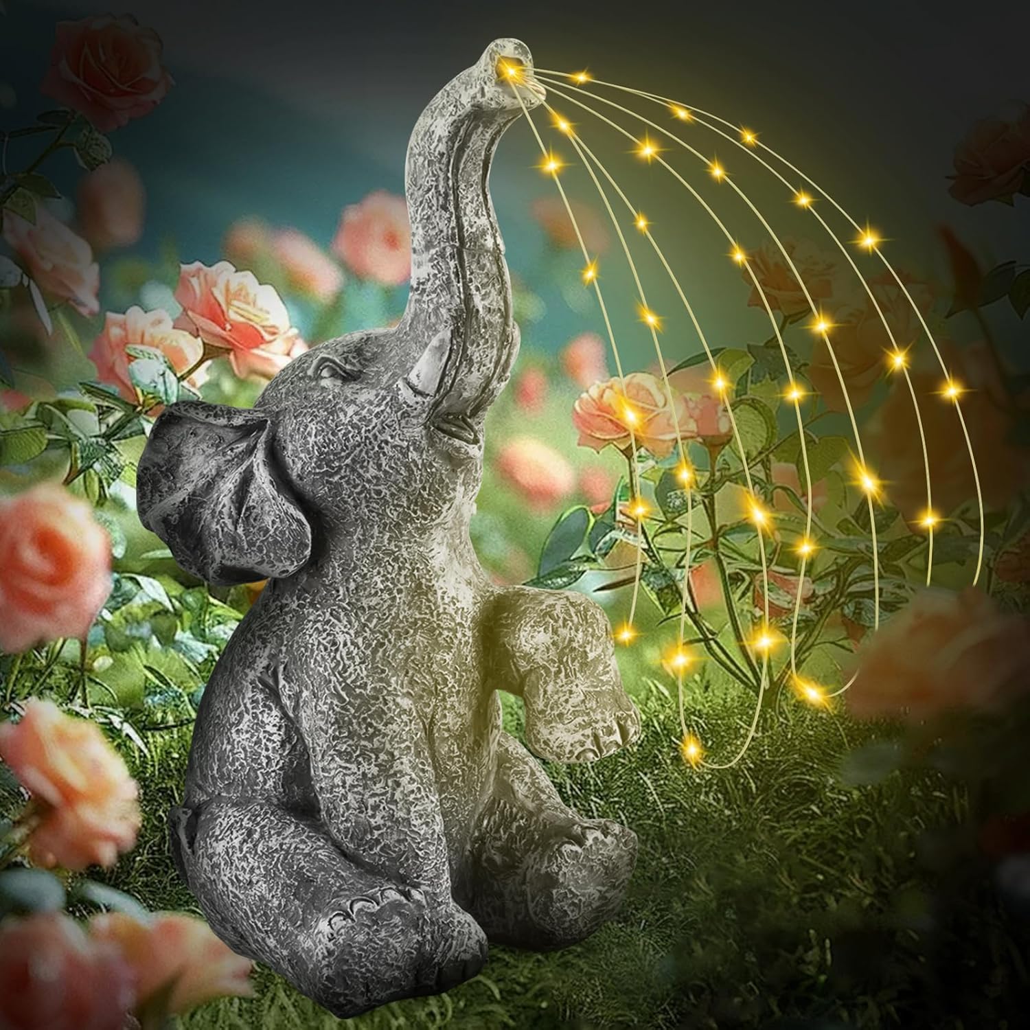 Elephant Garden Decor - Outdoor Elephant Statue with LED Solar Lights Strings, Good Luck Elephant Gifts for Women, Elephant Decor for Yard, Garden, Patio, Christmas/Birthday Gifts for Mom, Waterproof