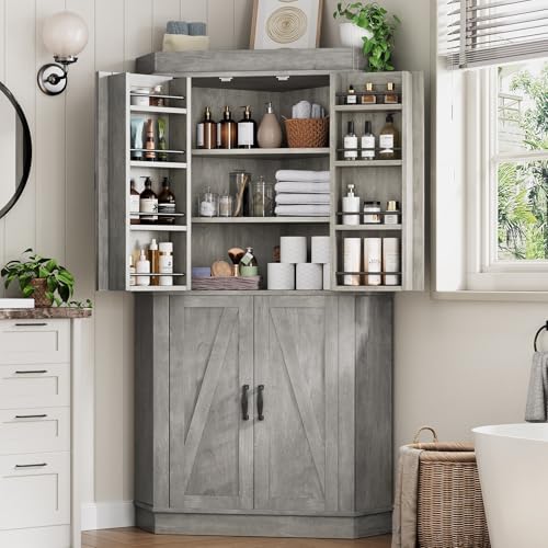 Corner Pantry Cabinet with 4 Doors and Shelves, Grey G77757