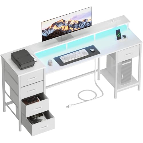 47 Inch Computer Gaming Desk with Power Outlets LED Lights and Storage Drawers I77165