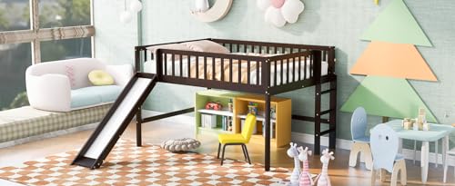 Wood House Loft Bed Frame with Slide and Storage Shelves Z806