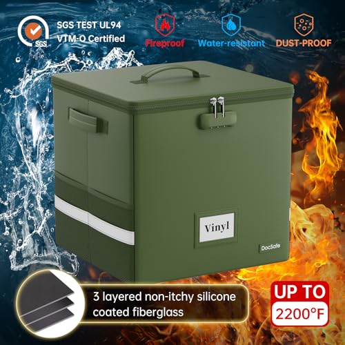 Vinyl Record Storage Box with Lock, Fireproof & Water Resistant, Holds 100+ 12-Inch Records H505