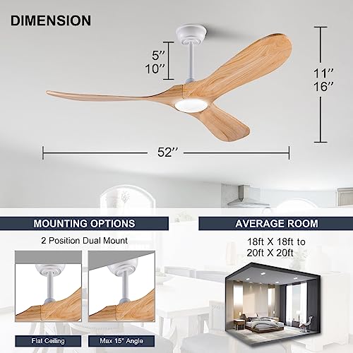 Wood Ceiling Fan with Lights Remote Control, 52 Inch, 6 Speed Reversible F4028