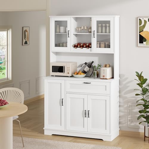 Freestanding Kitchen Pantry Cabinet with Microwave Stand, 4 Doors, Adjustable Shelves and Wine Rack C21265
