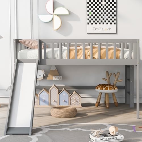 Wood House Loft Bed Frame with Slide and Storage Shelves Z806