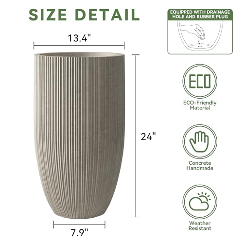 24 Inch Tall Concrete Planter with Drainage Hole for Patio or Porch N93751