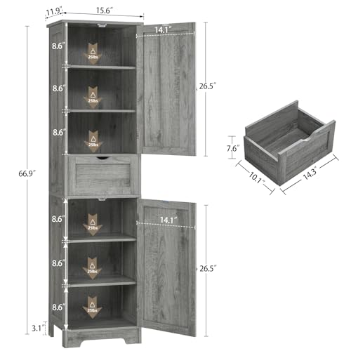 67" Tall Bathroom Cabinet with 2 Doors and 1 Drawer, Adjustable Shelves T930834