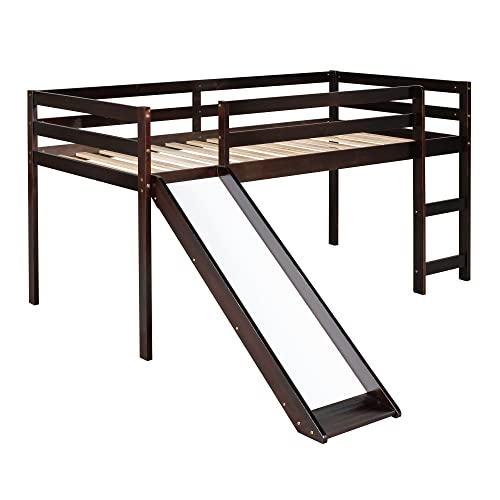 Wood House Loft Bed Frame with Slide and Storage Shelves Z806