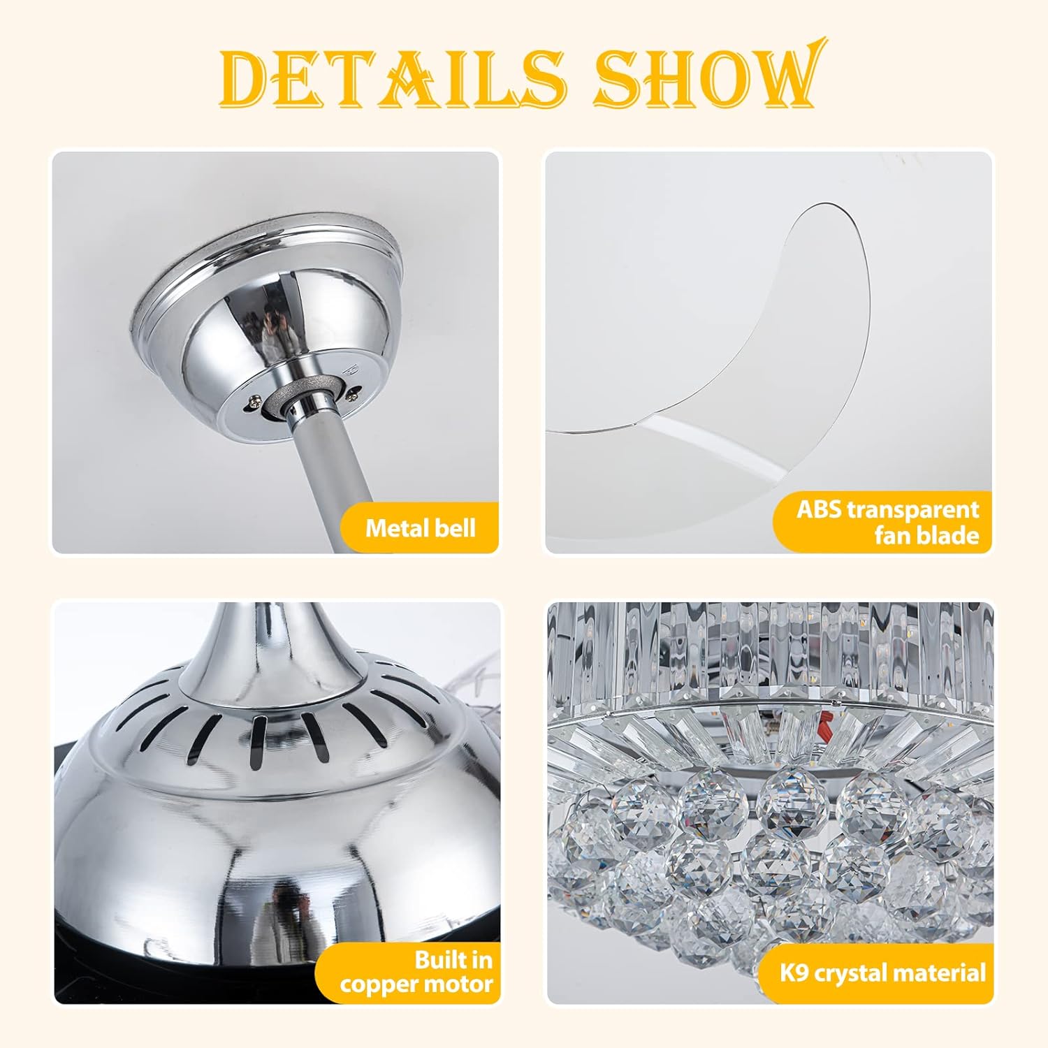 Crystal Ceiling Fan with Light, Dimmable LED Remote Control, Retractable Blades U2447