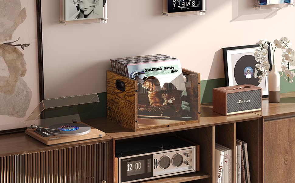 Bamboo & Acrylic Vinyl Record Storage Crate with Handle G916