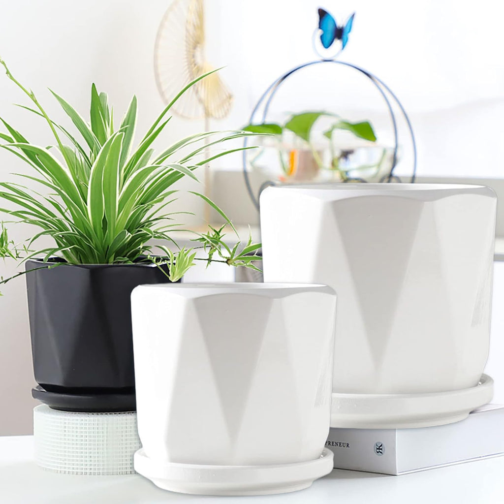 Ceramic Plant Pots with Saucer, Set of 3, Indoor Outdoor P840816