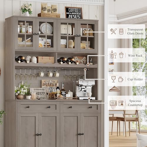 75.4" Tall Kitchen Pantry Cabinet with Charging Station, White, Glass Doors M88445