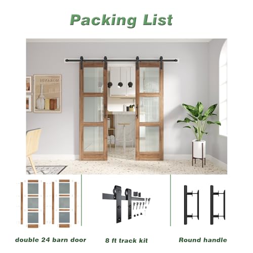 Double 18 x 84 inch Glass Barn Door with Hardware Kit & Handle Included, 3-Panel Frosted Glass, Need Assembly S404
