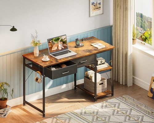 Small Computer Desk with Drawers & Power Outlet for Bedroom, Home Office M131