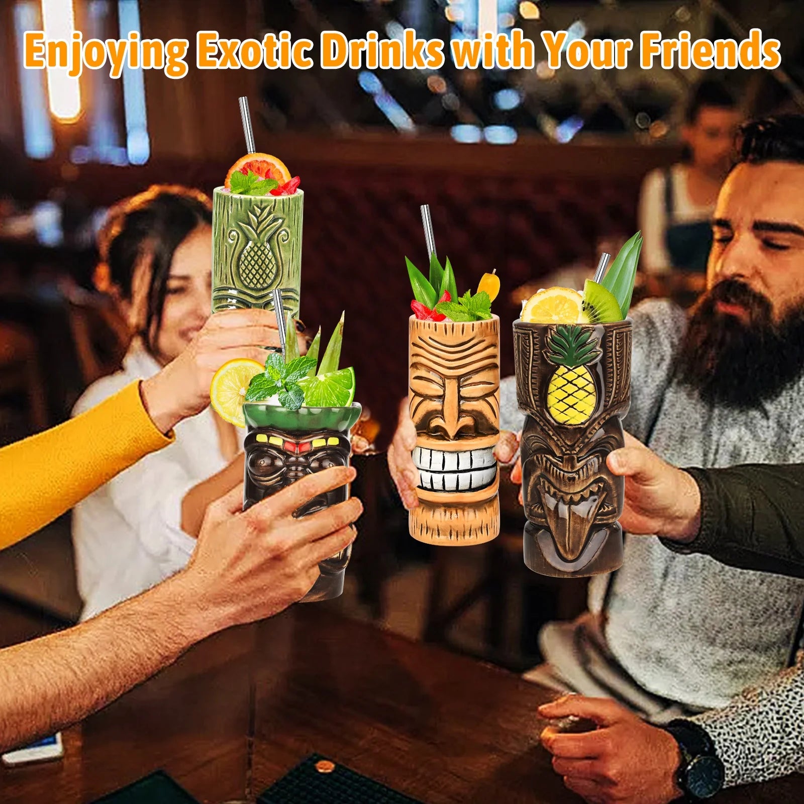 Tiki Mugs Cocktail Set of 4 - Large Ceramic Tumblers, Hawaiian Luau Party Drinkware T253