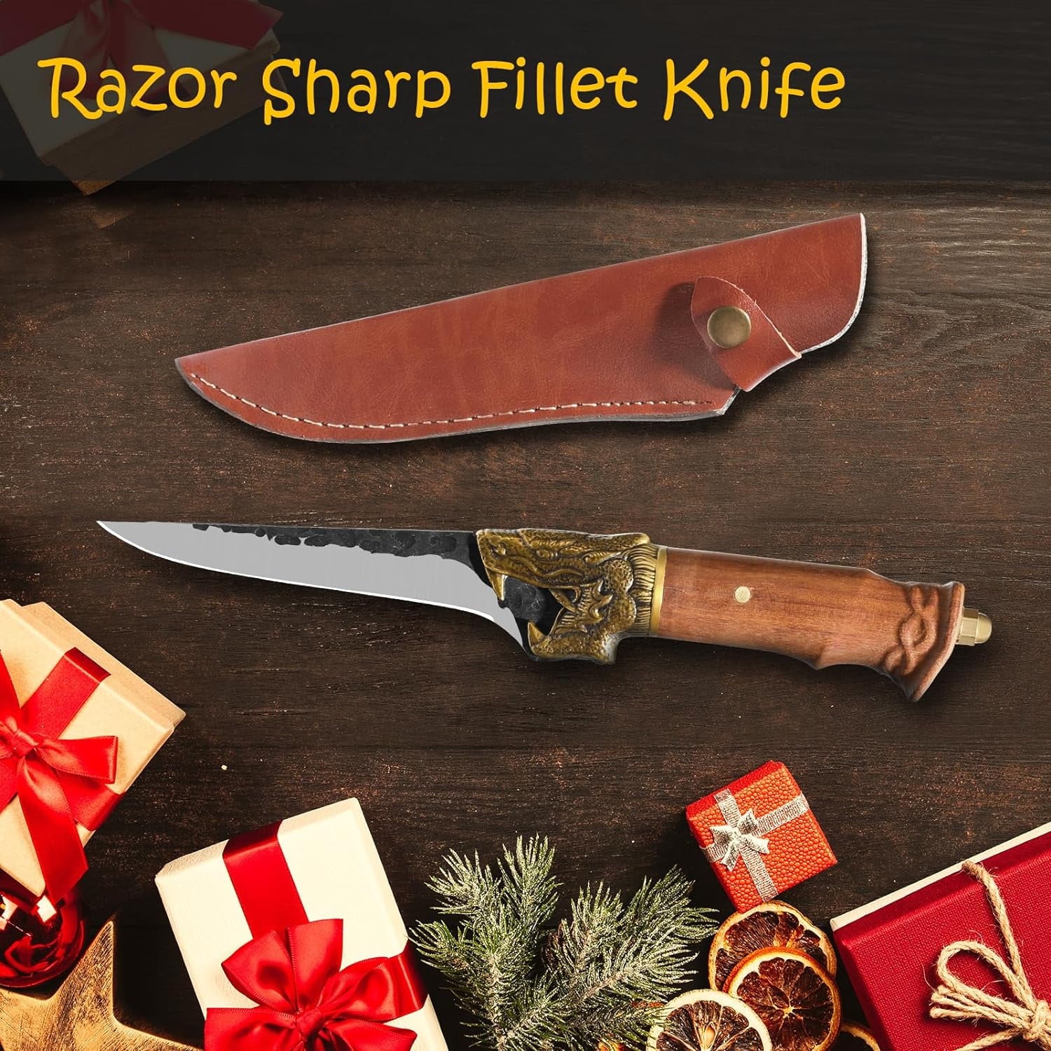 Fillet Knife with Leather Sheath for Camping and Hunting C677