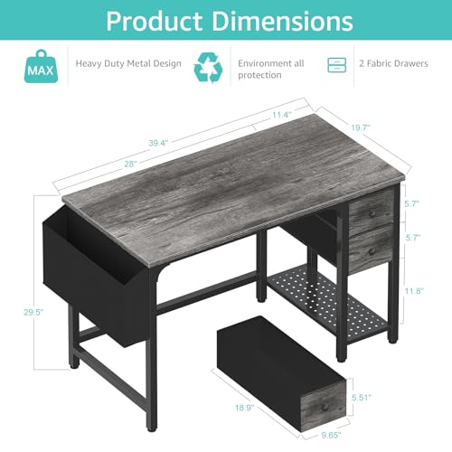 Computer Desk with Fabric Drawers, 40 Inch Reversible Gaming Desk for Small Space Home Office D876