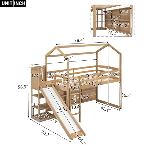 Wood House Loft Bed Frame with Slide and Storage Shelves Z806